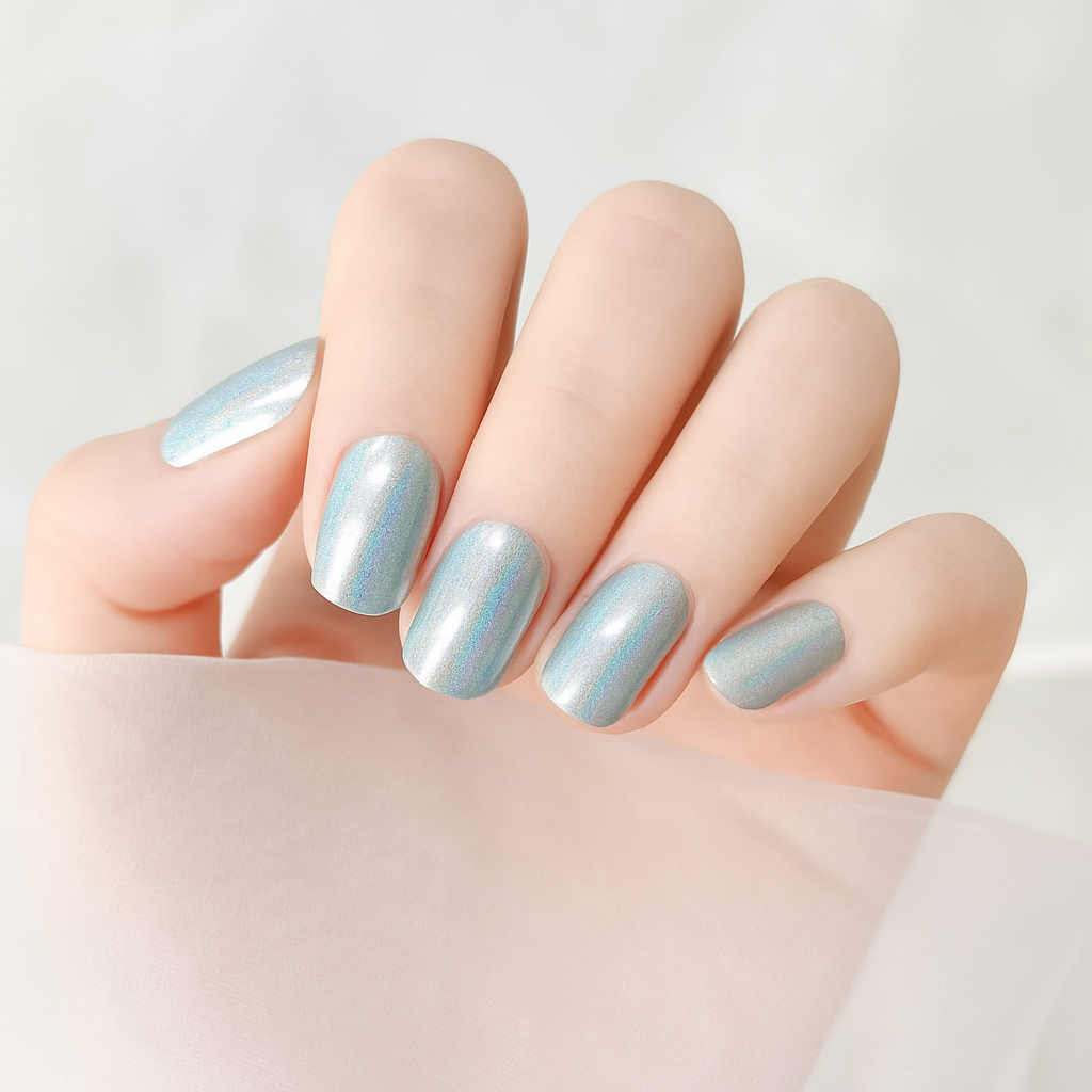 Jellyz Nails Shiny fully cured gel nail sticker with silver chrome holographic effect