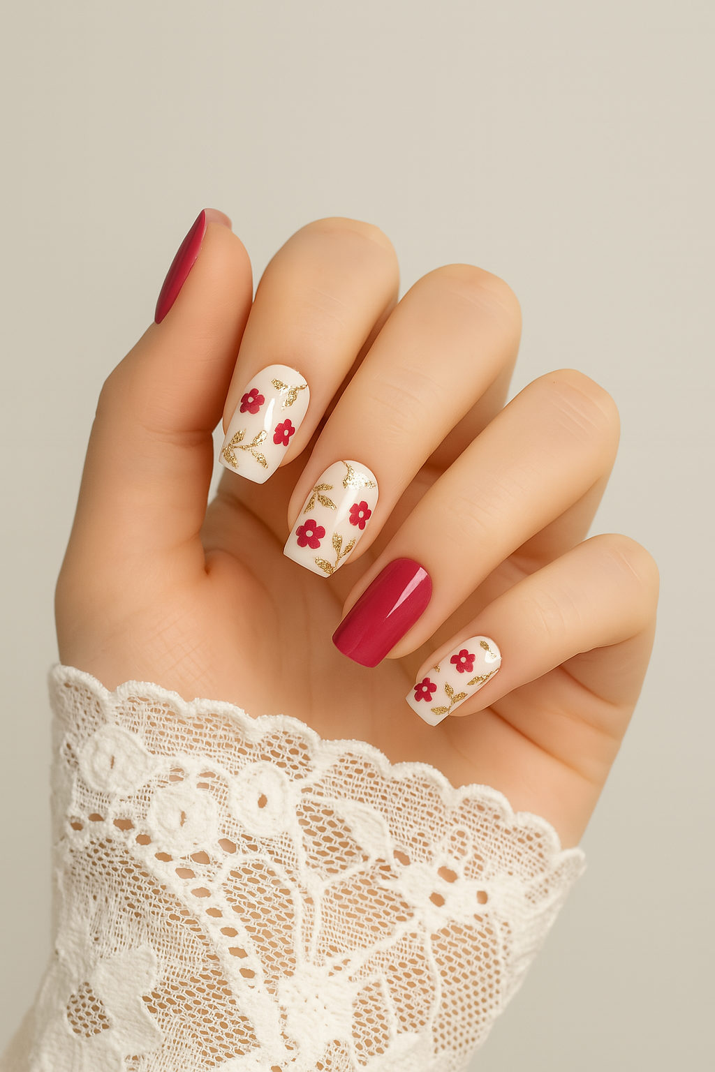Jellyz Nails Elegant fully cured gel nail stickers with floral design pattern in colours gold, red and cream