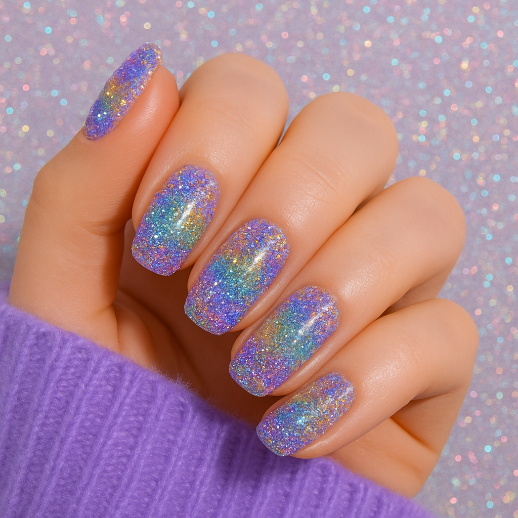 Jellyz Nails Gorgeous, fully cured, sparkly gel nail stickers with glossy, sophisticated finish. Hand with glittery rainbow nails against a glittery purple background