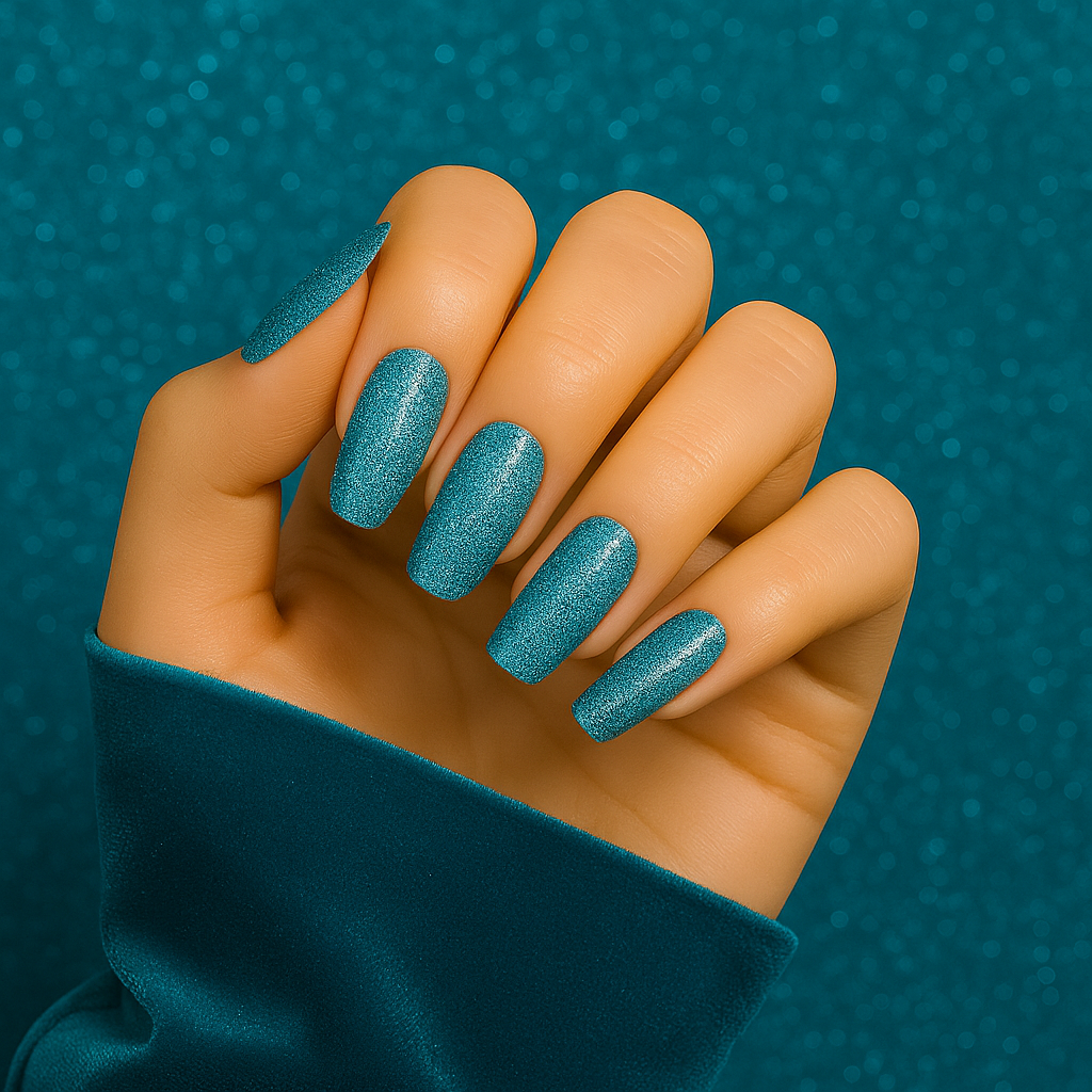 GEL nail stickers fully cured. NO UV. Blue sparkle colour.