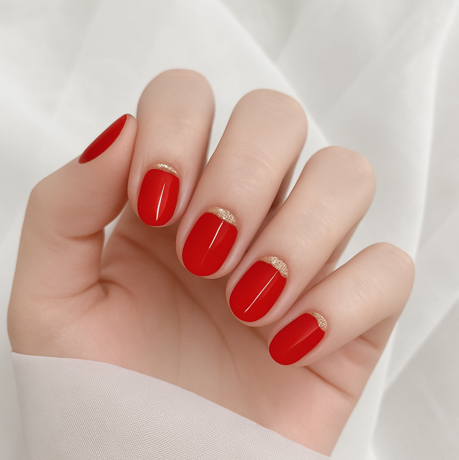 Jellyz Nails Classy and sophisticated fully cured gel nail stickers in classic Louboutin red with gold foil tips