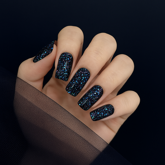 ellyz Nails Striking yet subtle fully cured gel nail stickers in sparkly black with glitter hues emulating a starry night in New York