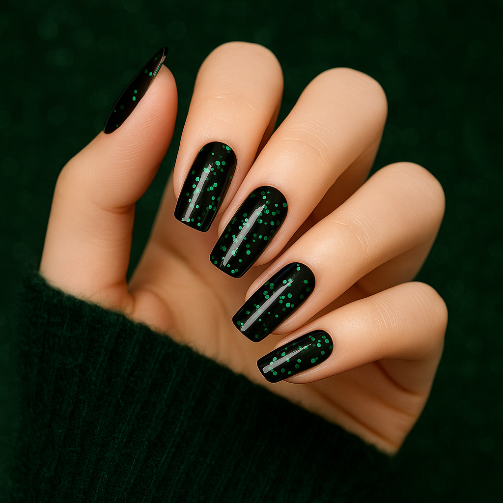 Jellyz Nails Gorgeous, fully cured, sparkly gel nail stickers with glossy, sophisticated finish. Hand with black glittery nail with green sparkles. Midnight Poison